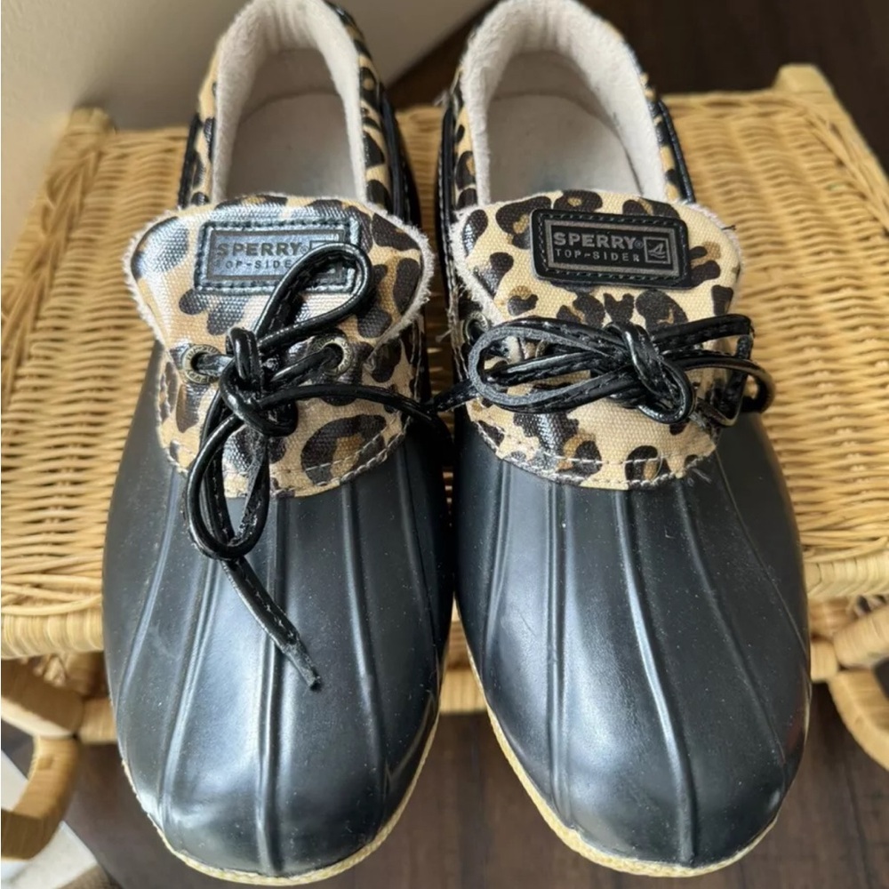 Sperry Top Sider Duck Boots Women’s Size 7 Leopard Print Rubber Shoes EUC